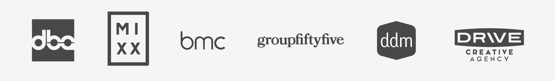 Logos of agency partners Overneath Creative has collaborated with, including Daniel Brian Advertising, The Mixx NYC, Bishop McCann, Group Fifty Five, DDM, and Drive Creative