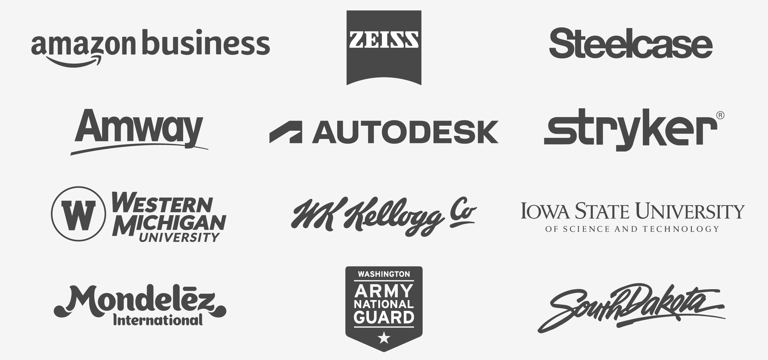 Logos of brands Overneath Creative has produced video content for, including Amazon Business, ZEISS, Steelcase, Amway, Autodesk, and others